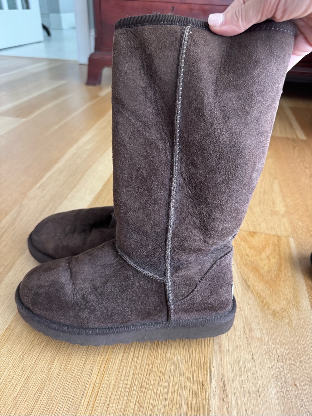 UGG Tall Suede Sheepskin Boots in Dark Brown